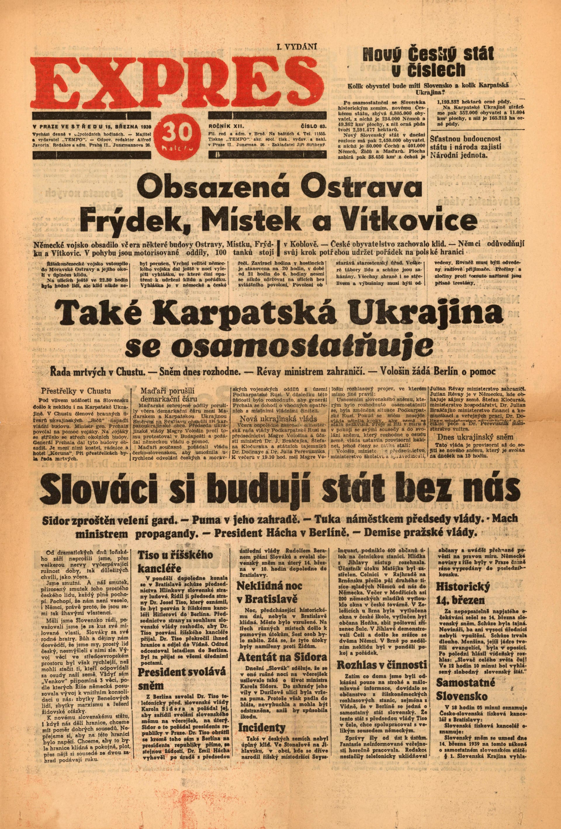 Ztráta Slovenska a Podkarpatské Rusi. České noviny informují o převratných událostech ze 14. března 1939.