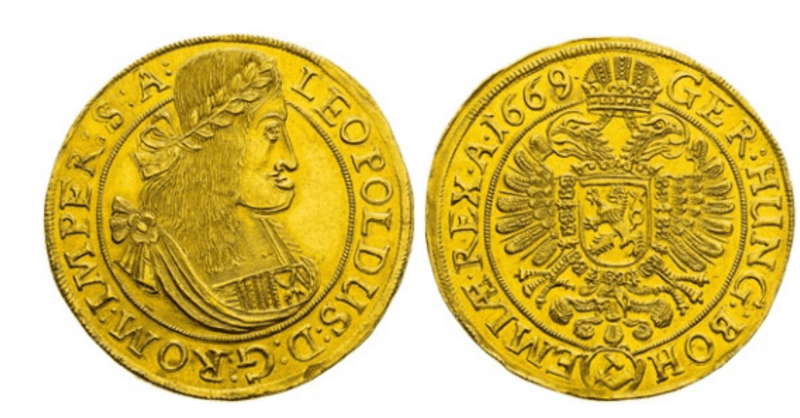 Dukát z roku 1669 Leopolda I. z mincovny Kutná hora je nejvzácnější položkou celé aukce. 