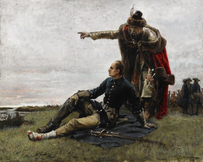 Zraněný Karel XII. a kozácký hejtman Ivan Mazepa