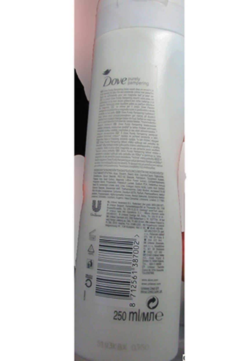 Látka je v tělovém mléku Dove s čárovým kódem 8712561387002, které je původem z Velké Británie.