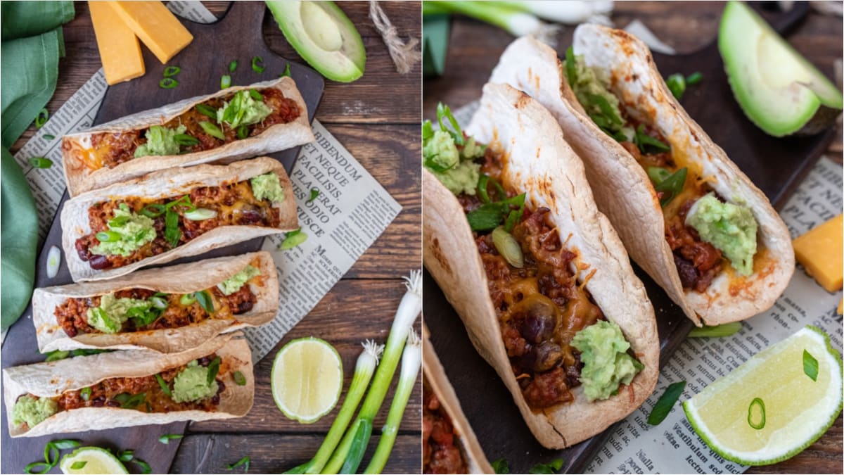Zapečené tacos s rychlým chilli con carne a avokádovou salsou