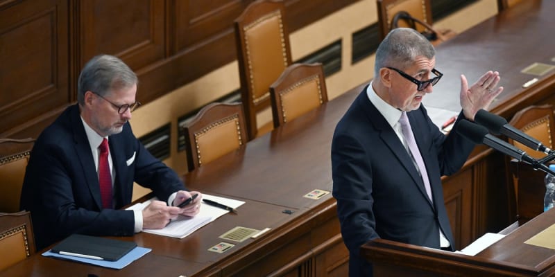 Premiér Petr Fiala a předseda hnutí ANO Andrej Babiš