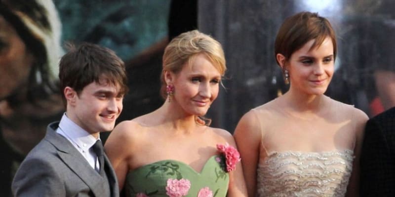 Daniel Radcliffe, J. K. Rowlingová a Emma Watsonová