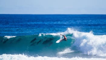 Magické fotky surfařky během boje o titul. Vlnu po jejím boku sjíždělo hejno delfínů
