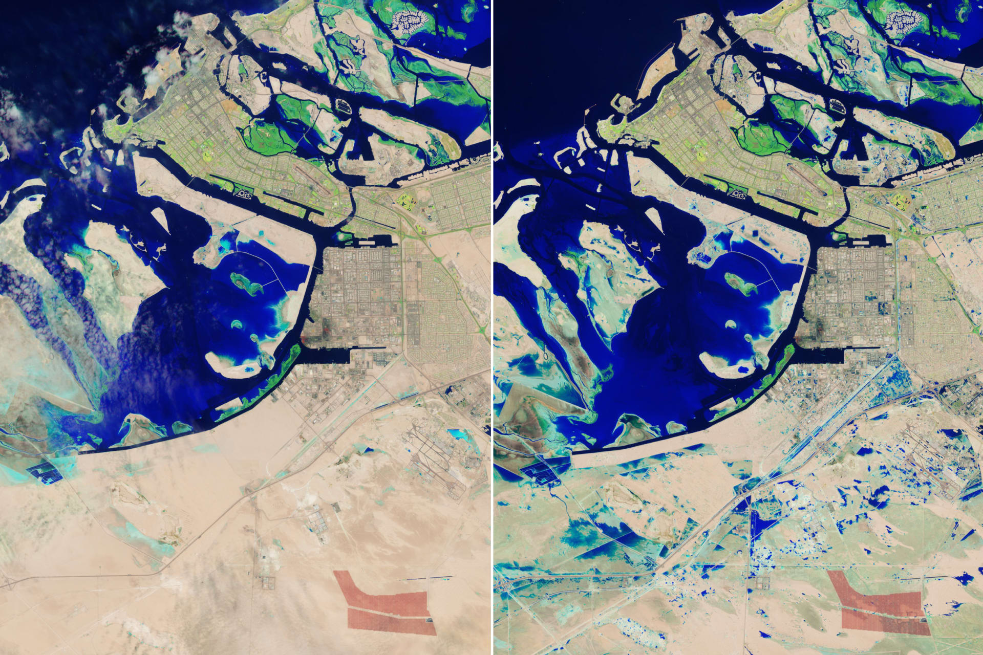 Satelitní snímky zachytily záplavy v Dubaji.