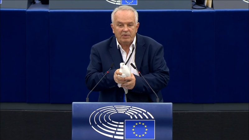 Europoslanec Miroslav Radačovský zvolený za krajně pravicovou LSNS Mariana Kotleby při projevu vypustil živou bílou holubici, která má podle něj symbolizovat mír.